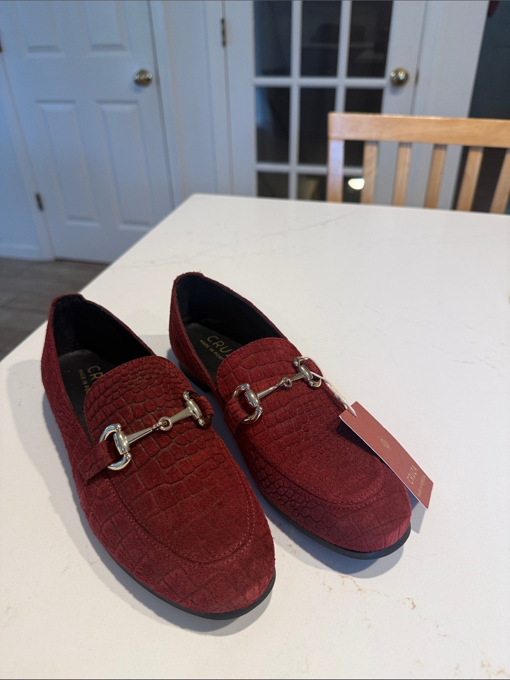 Women’s Burgundy Suede Croc-Embossed Slip-On Loafers with Gold Horsebit